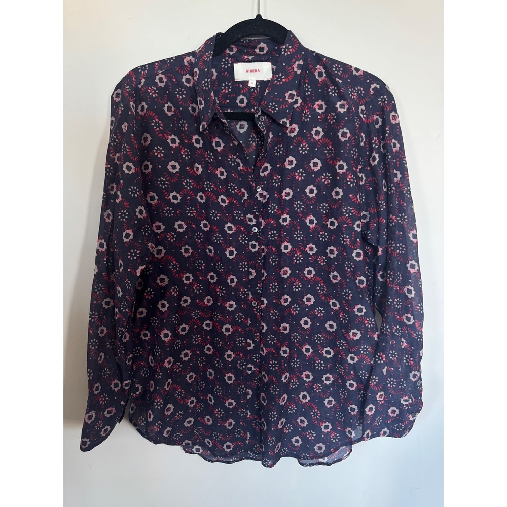 Xirena Beau Cotton Silk Button Down Shirt Navy Red Floral Medallion XS X18561